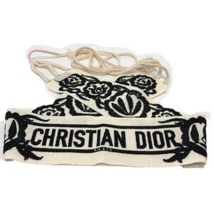Auth Dior mexican flower belt embroidery Logo embroidery belt Canvas White/Black